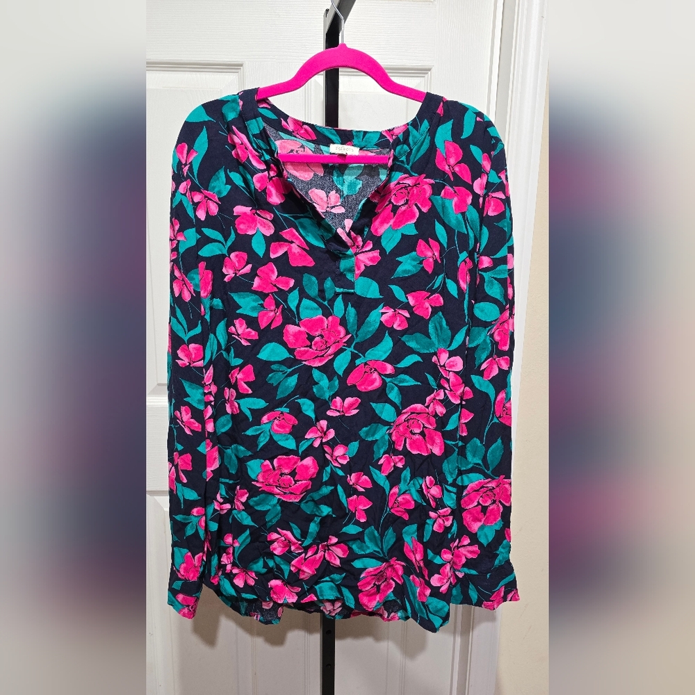 Talbots Navy Blue Floral Pink and Green Women's Top Blouse